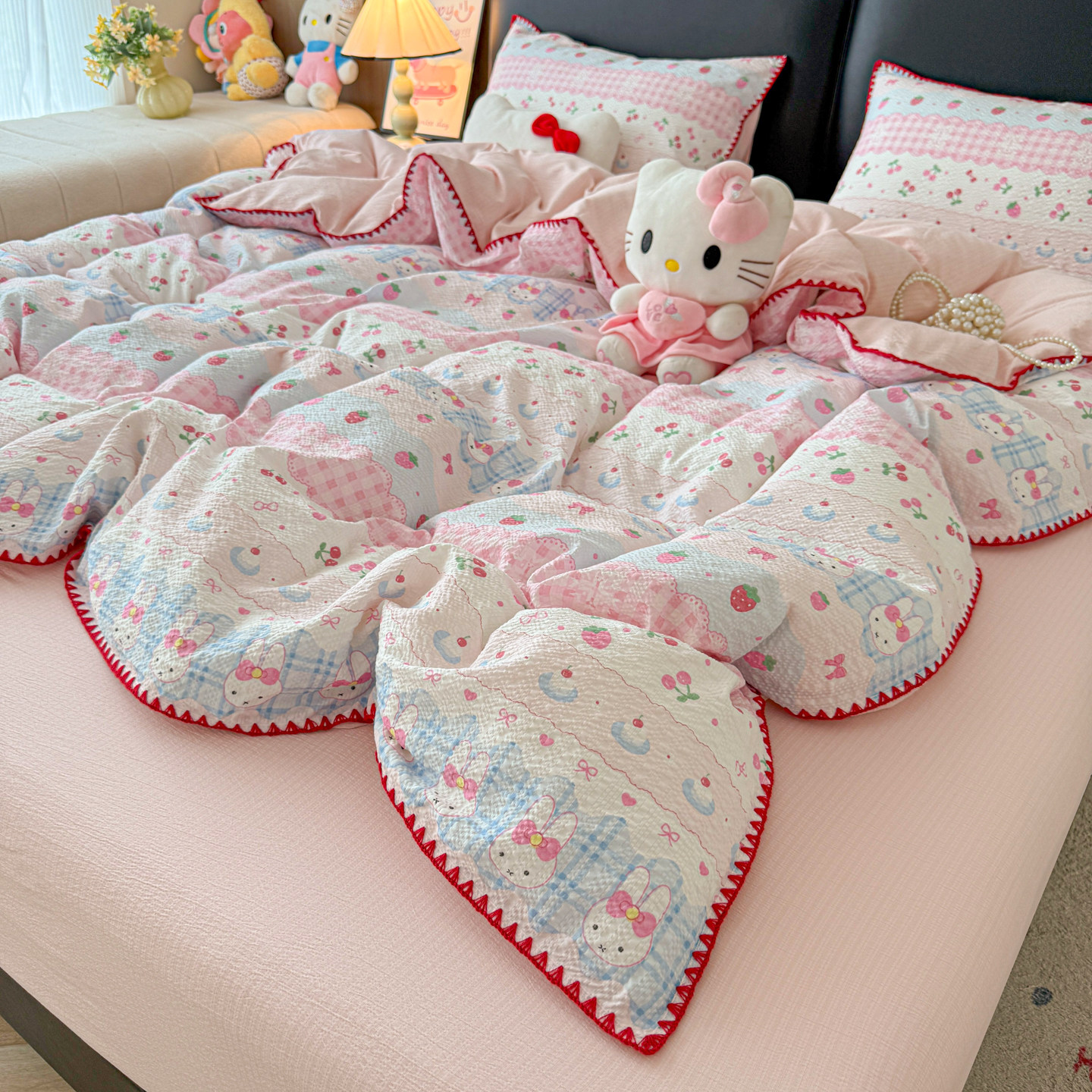 韩版卡通亲肤泡芙纱四件套床笠款