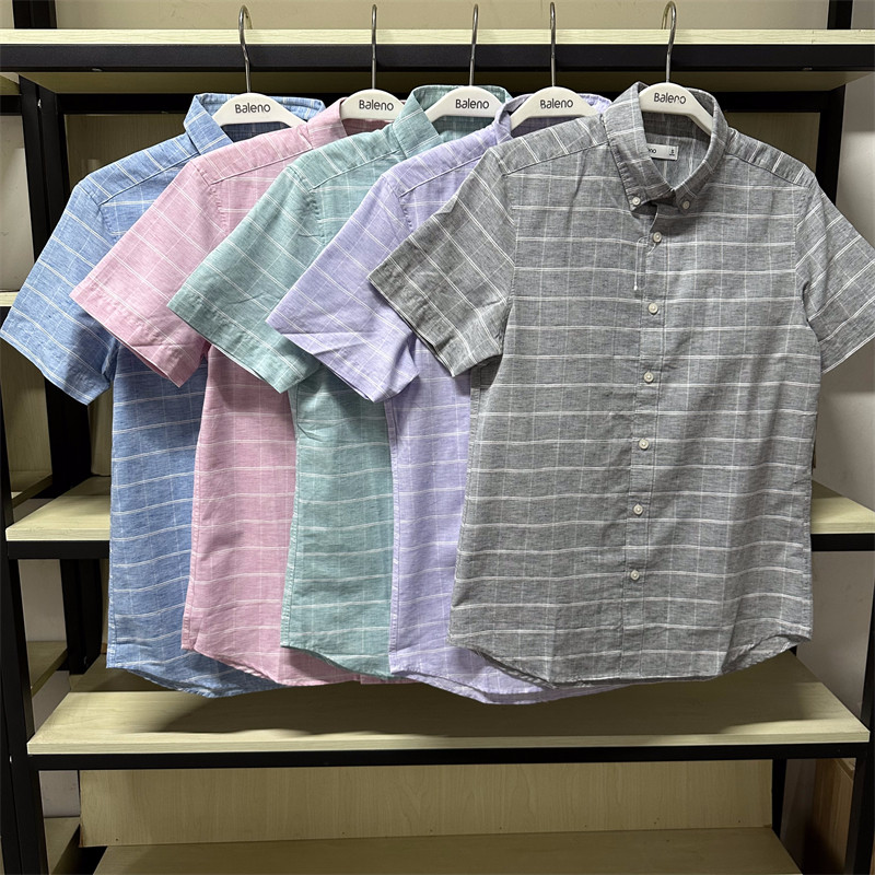 班尼路夏季新品男装 青年时尚棉麻休闲衬衫格子短袖衬衣88904013