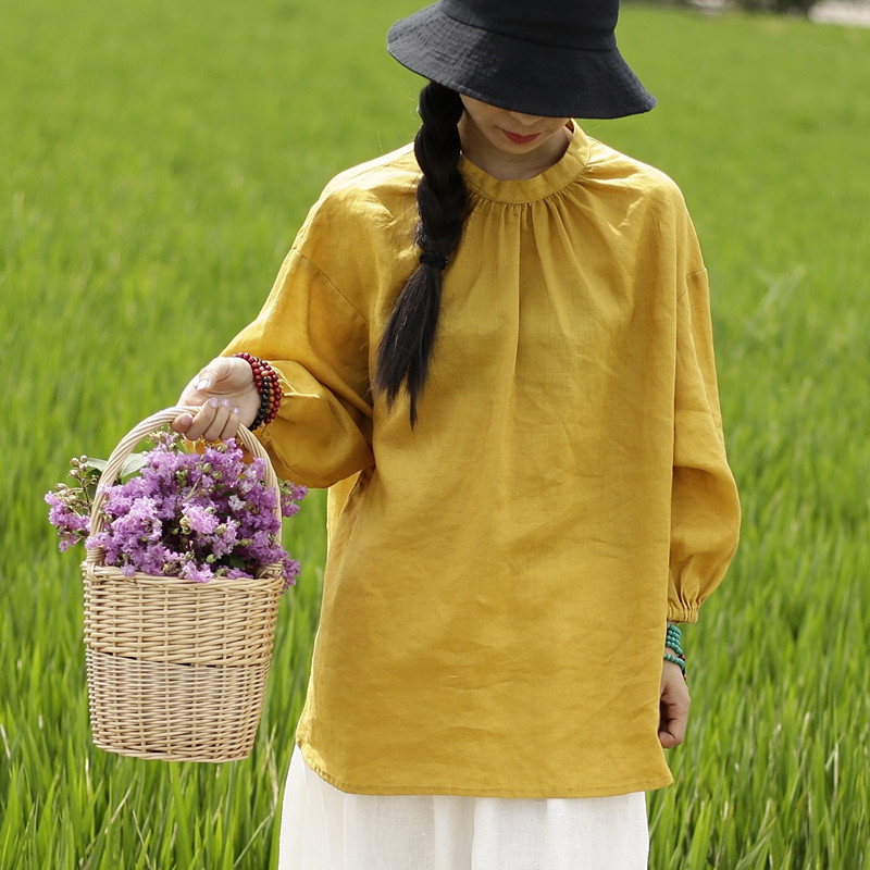 清仓 日系好品质纯亚麻半高领宽松七分袖衬衫春夏新文艺女士上衣