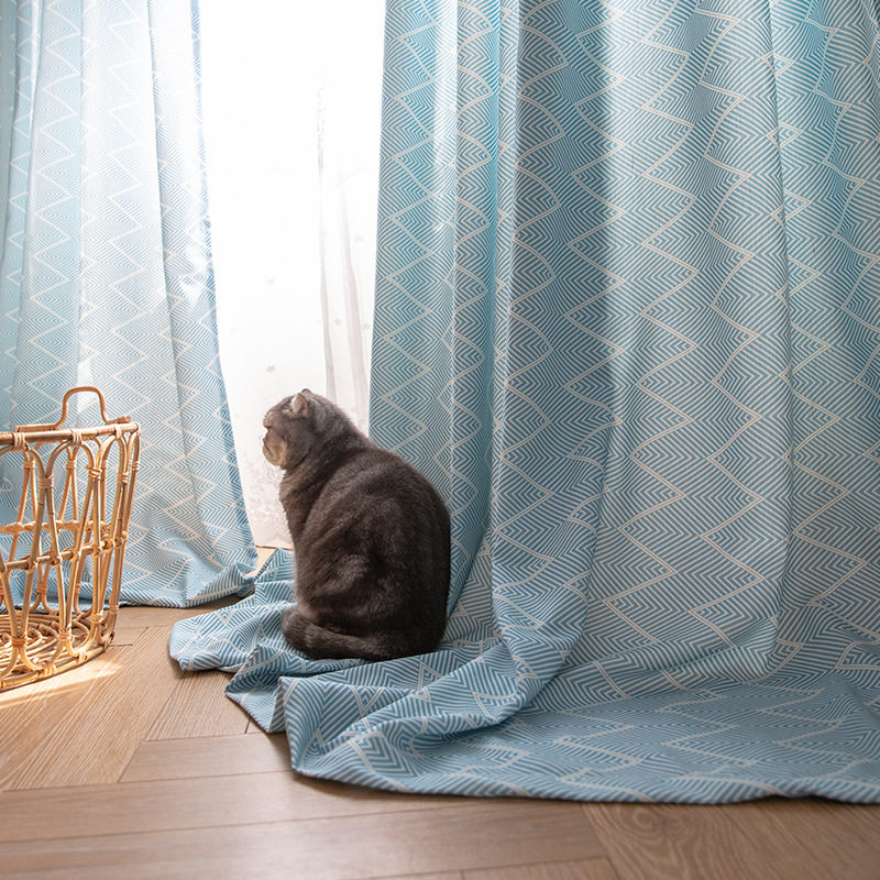 浅蓝色日式波浪仿棉麻几何天空蓝窗帘男生卧室客厅阳台半遮光布帘