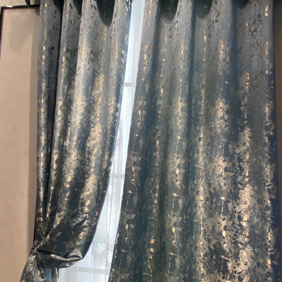 蓝灰色轻奢窗帘简约清新遮阳窗帘别墅酒店客厅布成都窗帘定制测量