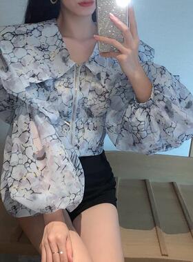 法式春秋新款设计感小众泡泡袖洋气大翻领短款拉链衬衫女收腰衬衣
