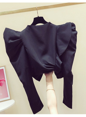 欧美ins潮心机上衣女设计感荷叶边褶皱修身短款洋气泡泡袖打底衫