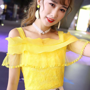 钩花镂空超仙甜美吊带上衣 洋气小衫 女短袖 夏季 新一字领露肩蕾丝衫