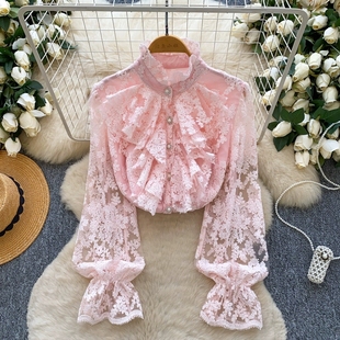 法式复古宫廷风荷叶边拼接重工刺绣网纱衬衫女百搭打底温柔上衣潮