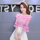 新款 显瘦七分袖 韩版 蕾丝衫 夏装 修身 百搭甜美喇叭袖 女短款 打底上衣