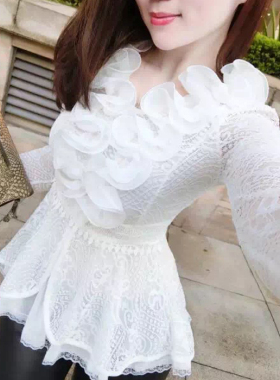 法式春秋新款女装V领木耳花朵蕾丝衫长袖修身显瘦韩版打底衫上衣