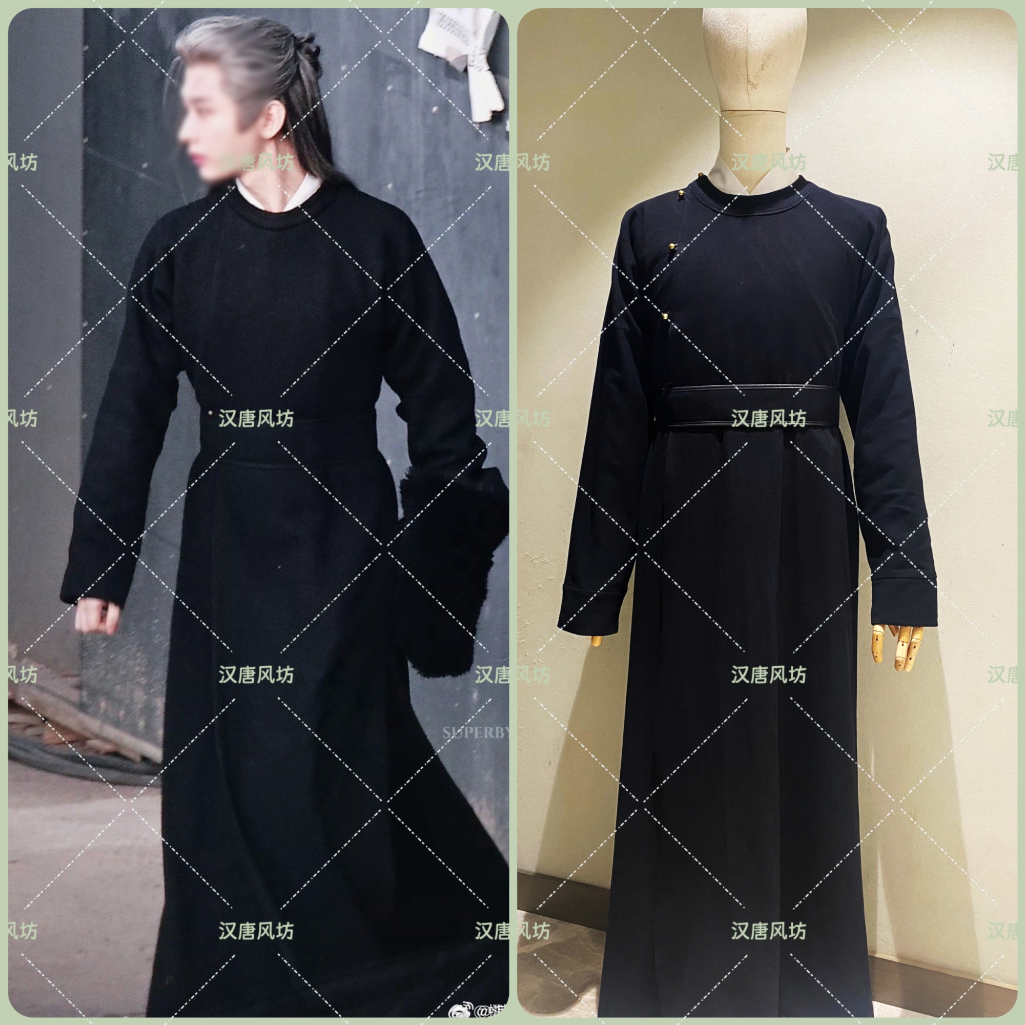 二十四计长安成毅谢淮安黑色修身圆领袍窄袖小袖同款古装棉麻cos