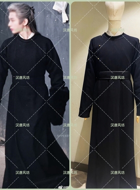 二十四计长安成毅谢淮安黑色修身圆领袍窄袖小袖同款古装棉麻cos