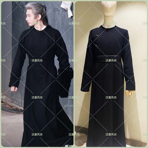 二十四计长安成毅谢淮安黑色修身圆领袍窄袖小袖同款古装棉麻cos