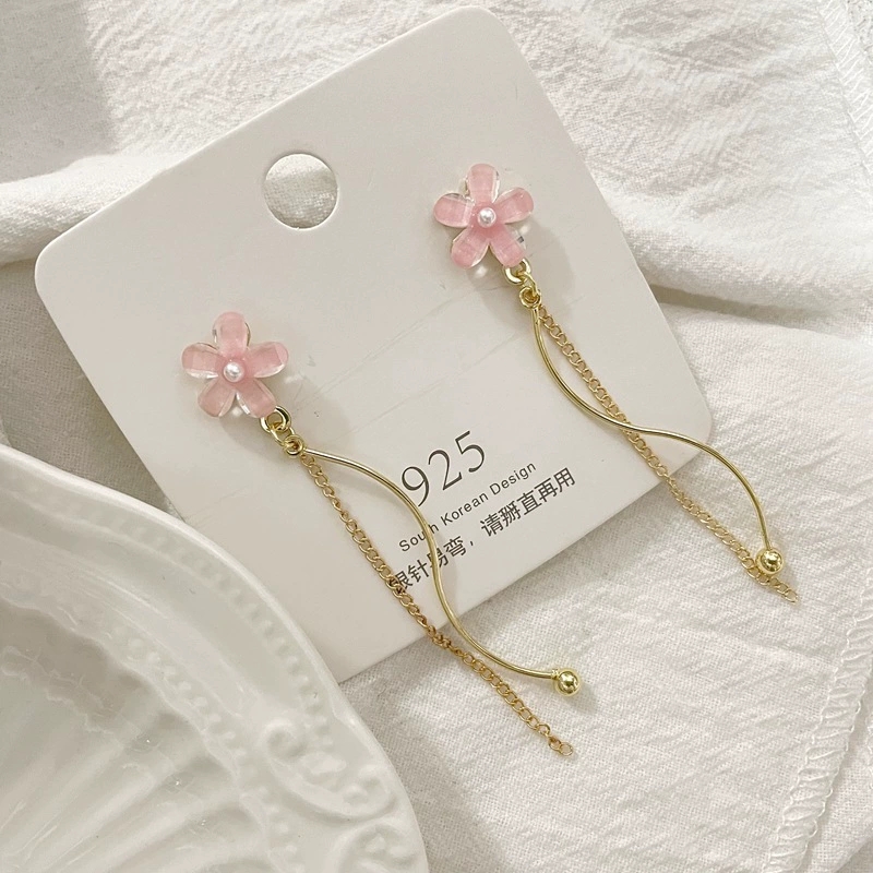 可爱气质猫眼石花朵长款流苏耳环