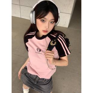 TCPerror 美式复古辣妹正肩短袖t恤女撞色插肩袖弹力修身短款上衣