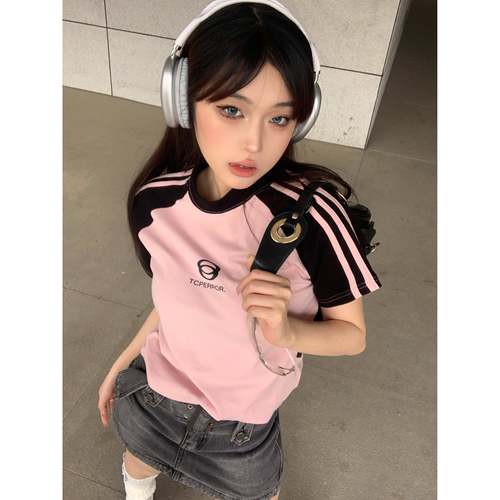 TCPerror 美式复古辣妹正肩短袖t恤女撞色插肩袖弹力修身短款上衣