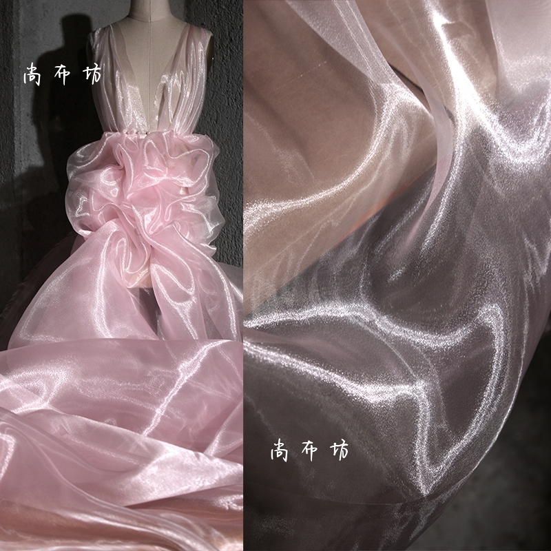 浅粉色光泽水晶纱婚纱礼服欧根纱