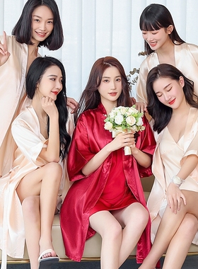 婚礼晨袍女新娘伴娘团冰丝结婚化妆睡袍红色睡衣丝绸长款夏季薄款