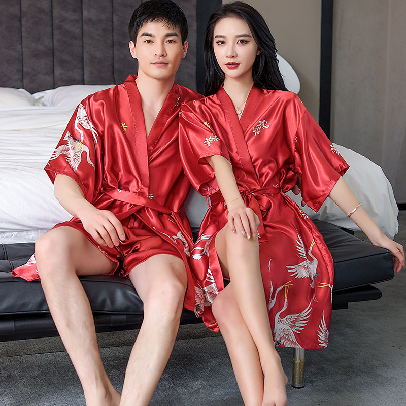 婚礼晨袍女 新娘晨拍伴娘团丝绸结婚长款仙鹤中式睡衣睡袍红色夏