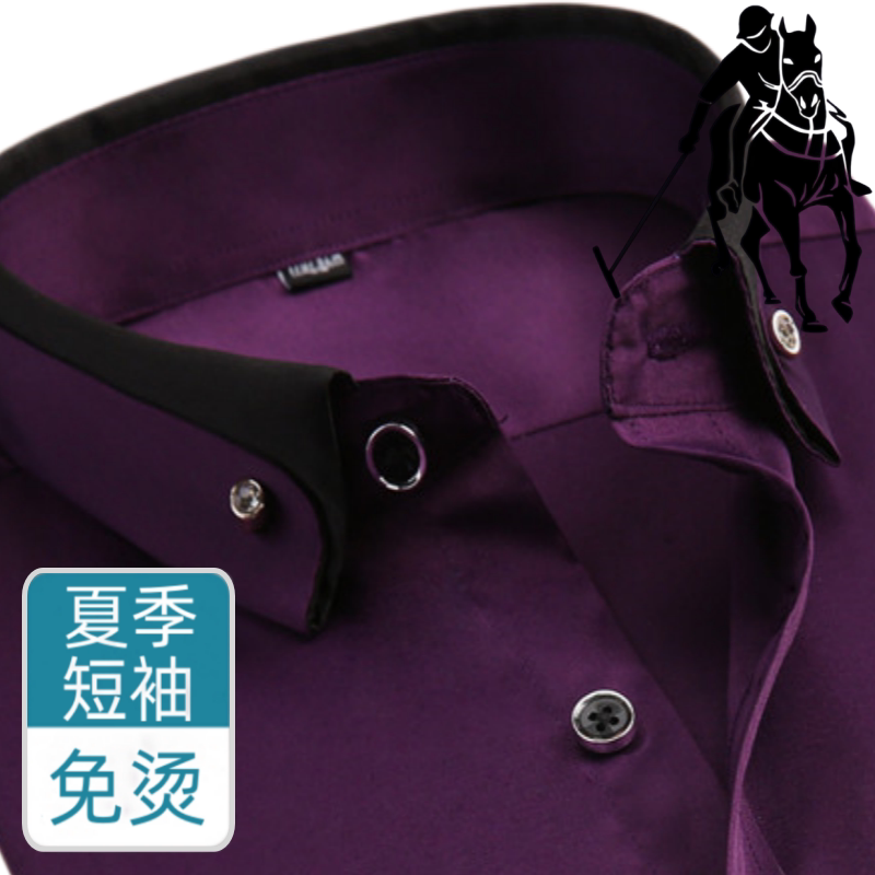 保罗加大码紫色商务免烫短袖衬衫