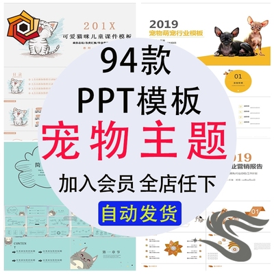 宠物PPT模板猫咪狗粮犬类动物p卡通手绘可爱萌宠物店pt模版素材