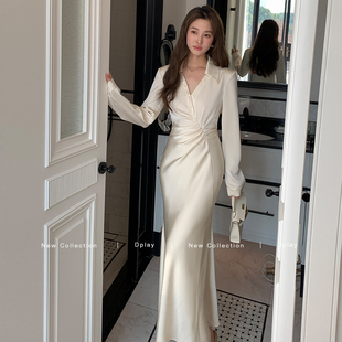 DPLAY2025年秋季新款白色连衣裙女法式气质缎面衬衫礼服裙子长袖