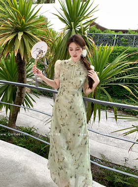 DPLAY2025夏季新中式薄荷曼绿色印花短袖改良旗袍国风连衣裙女