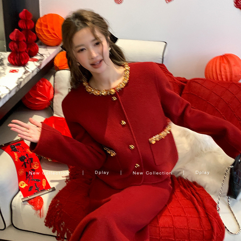 DPLAY红色小香风外套女装2025年冬季新款毛呢大衣时尚含羊毛上衣