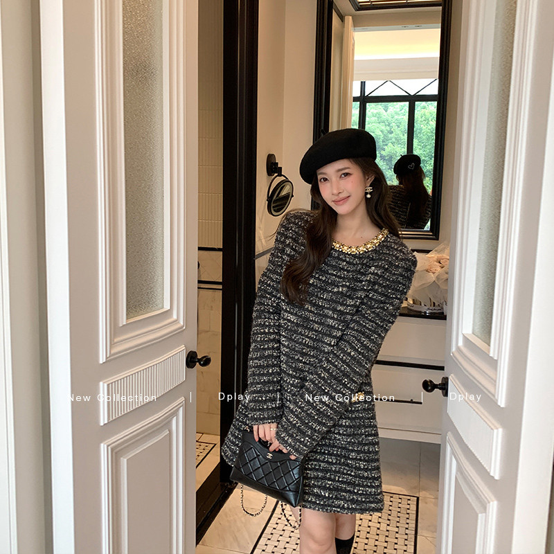 DPLAY2025秋冬季新款连衣裙女气质小香风粗花呢裙子宽松直筒短裙