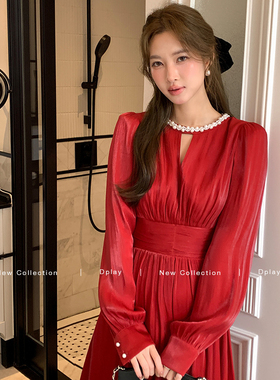 DPLAY【珠光星辰系列】2025年秋季新款红色连衣裙女鎏光缎面裙子