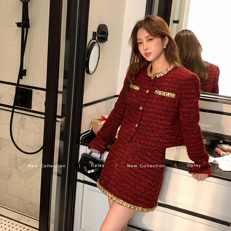 DPLAY法式红色小香风外套女2025秋冬新款圣诞穿搭含羊毛短款上衣