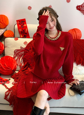 DPLAY红色针织衫女2025秋冬新款时尚高级感宽松毛衣新年穿搭上衣