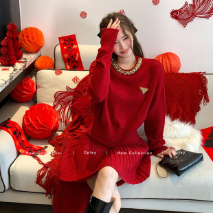 高级感宽松毛衣新年穿搭上衣 时尚 DPLAY红色针织衫 女2025秋冬新款