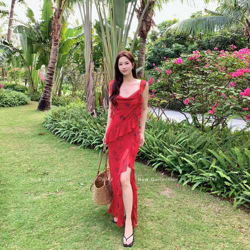夏季新品飘带开衩美学风连衣裙
