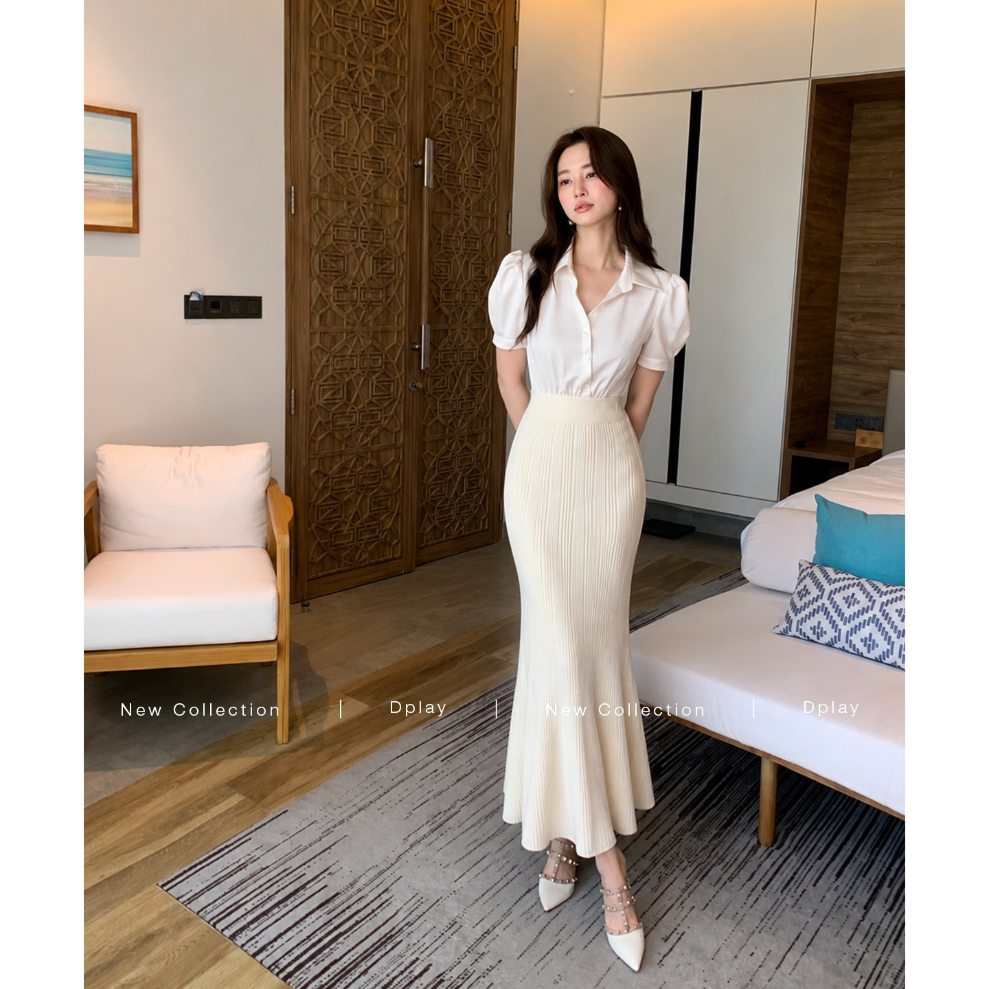 DPLAY白色不规则针织鱼尾半身裙女高腰中长款优雅半身裙2026秋季