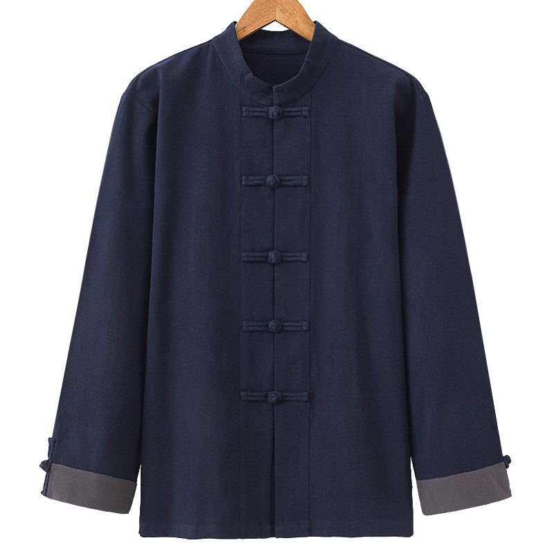 QINGHUANJI CHINESE STYLE TANG SUIT MENS LINEN ANCIENT COSTUME STAND COLLAR BUCKLE JACKET SPRING AND AUTUMN LOOSE RETRO TEA DRESS TOPS