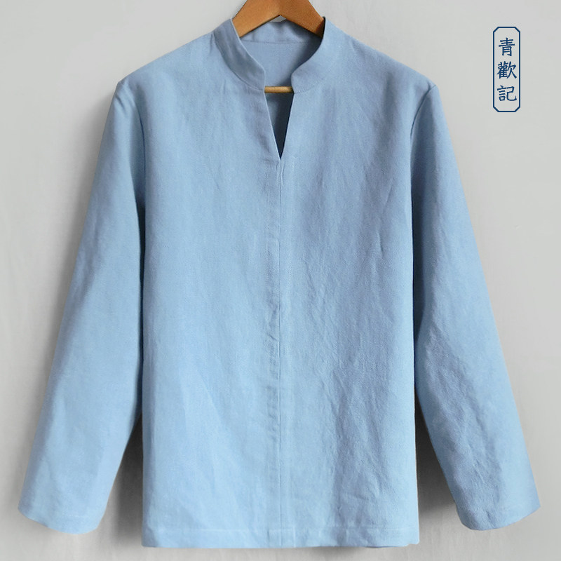 青欢记中国风汉服t恤宽松亚麻道服男四季青年复古柔软休闲上衣薄