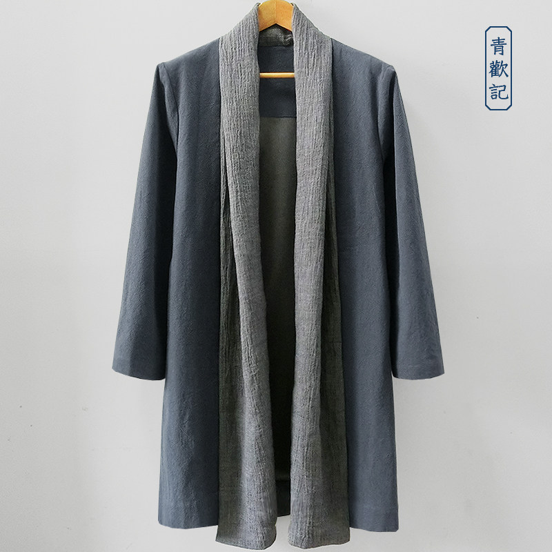 原创春季中长款大码男士亚麻汉服外套中国风复古风衣宽松休闲披风