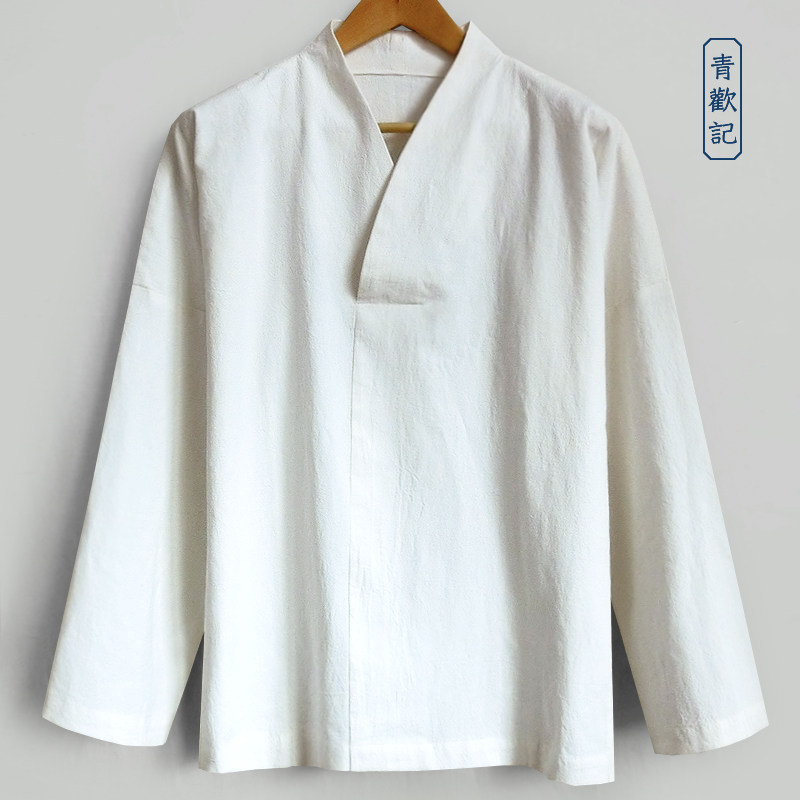 青欢原创中式亚麻汉服长袖T恤男宽松休闲上衣大码禅茶棉麻打底衫