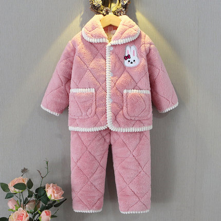 秋冬季儿童珊瑚绒睡衣女童加厚夹棉男童法兰绒宝宝小孩家居服冬款