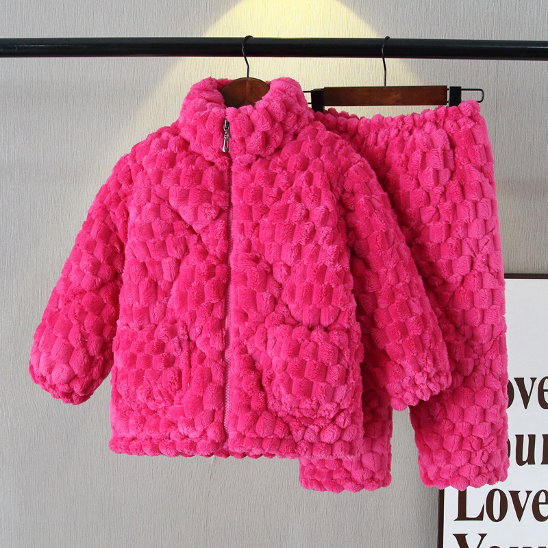 冬季儿童加绒拉链睡衣套装珊瑚绒男孩女孩卡通小孩保暖宝宝家居服