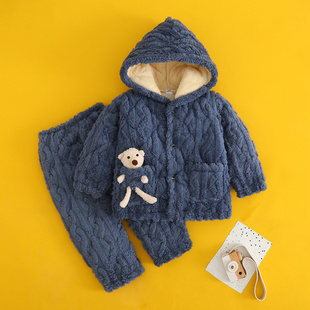 冬季儿童舒棉绒连帽睡衣套装珊瑚绒男孩女孩卡通小孩宝宝家居服