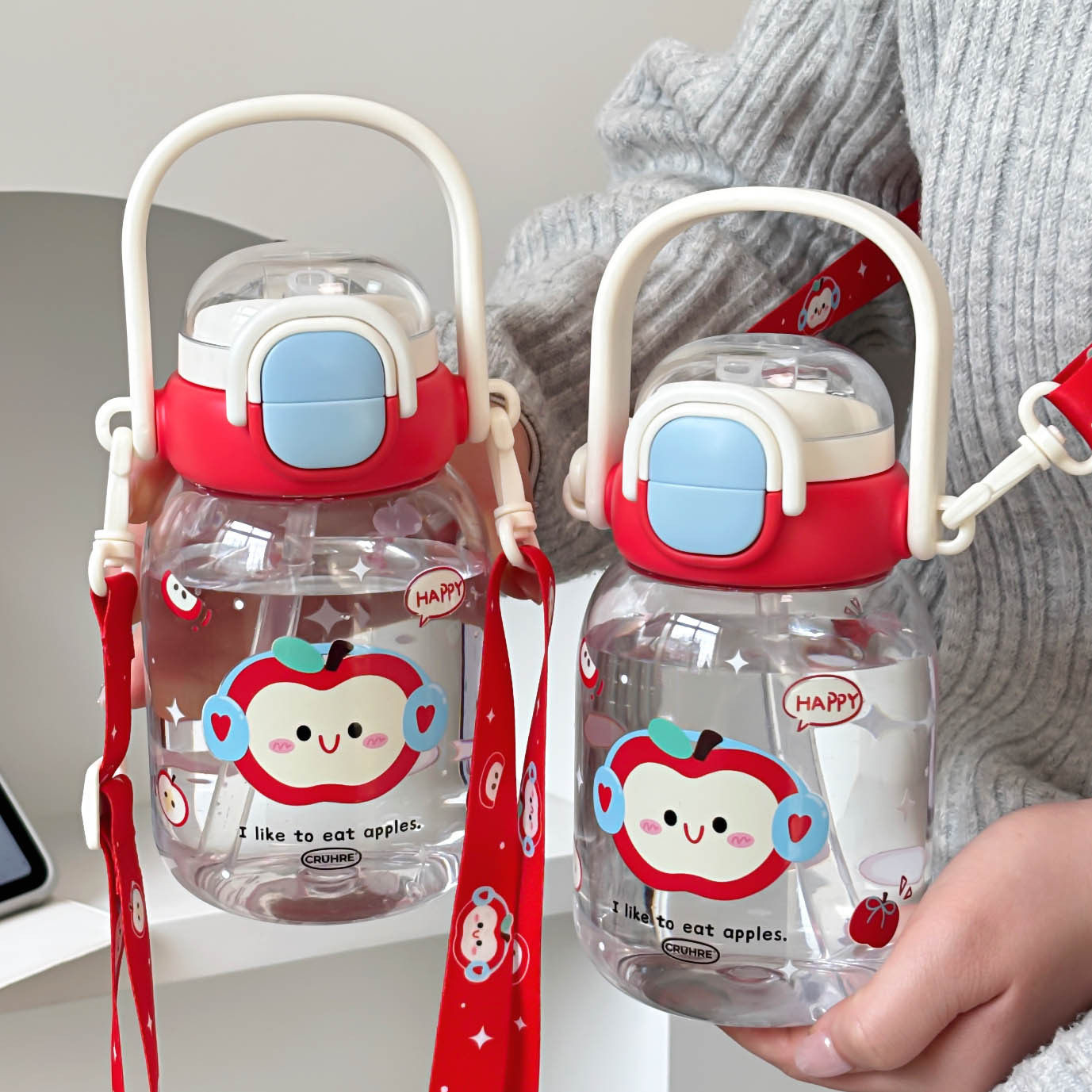 儿童吸管杯女生高颜值苹果大肚杯夏季斜跨可爱吸管杯上学专用水杯,餐饮具,吸管杯,淘宝优惠券,粉丝福利购,淘宝优惠卷