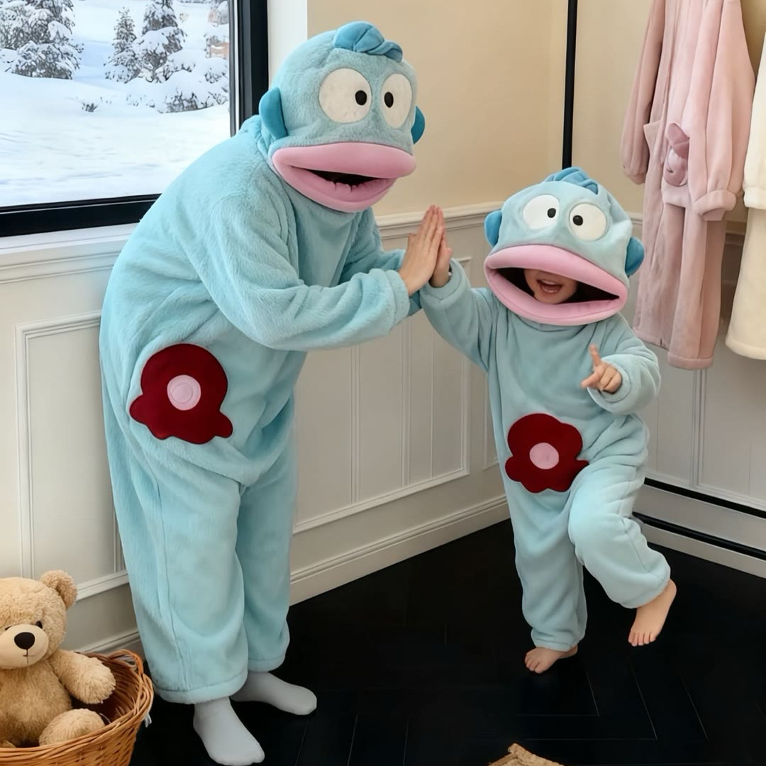一家三口丑鱼连体睡衣珊瑚绒加厚保暖搞怪卡通可爱亲子睡袍家居服