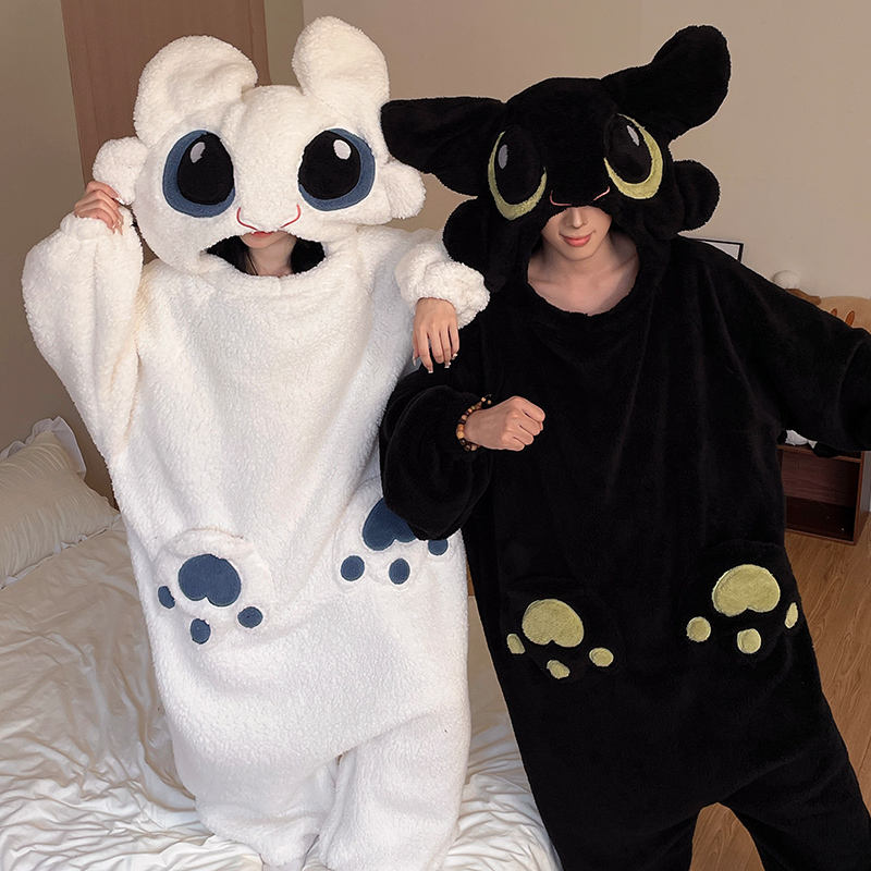 无牙仔珊瑚绒连体睡衣女秋冬季加厚珊瑚绒家居服情侣搞怪睡袍大码