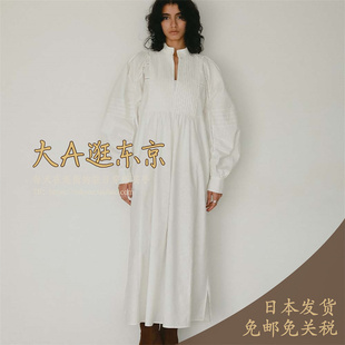 预约2月下大A逛东京HER日本代购 棉麻混纯色百搭细褶连衣裙2色