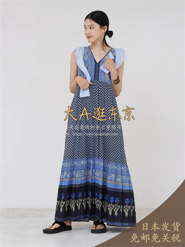 代购V领印花无袖连衣裙2色