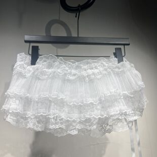 大码韩国半身裙白色蕾丝层次感短裙木耳边花边牛仔屁帘短裙围裙