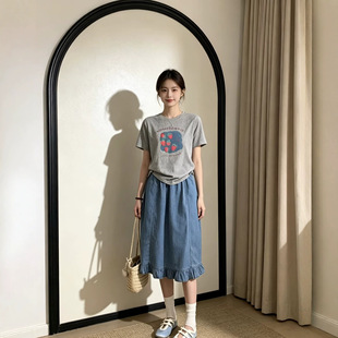韩系牛仔半身裙女夏新款A字高腰显瘦中裙百搭休闲花边设计感裙子