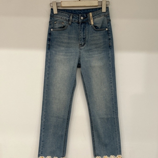 2025春夏新款欧货高腰亮片花边裤脚百搭显瘦微喇九分牛仔裤女现货