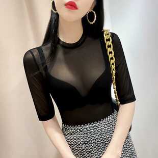 半高领透视网纱打底衫 性感纱衣紧身上衣 女秋吊带裙内搭t恤中袖