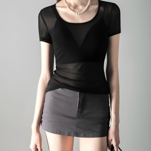 短袖 夏季 新款 韩版 外穿网眼上衣 t恤女圆领纯色网纱透明内搭打底衫