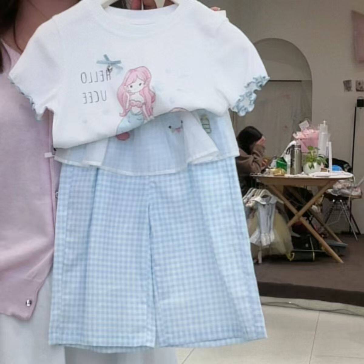 女童设计感套装2026夏季新款女宝宝美人鱼短袖上衣格子屁帘阔腿裤
